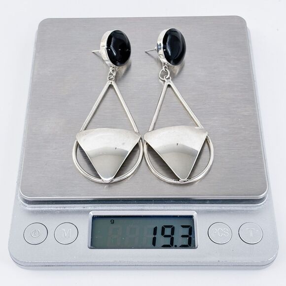 Vintage Mexico Taxco TS-79 Sterling Silver 925 Onyx Geometric Dangle Earrings - Picture 6 of 7